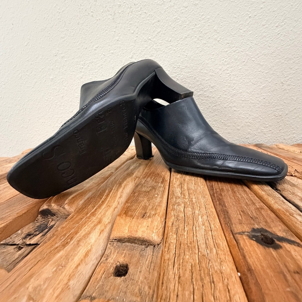 Franco Sarto Black Leather Square Toe Shooties Whipstitch Block Heel Ankle Boots - Picture 3 of 6